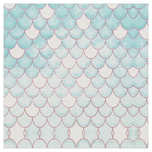 Cute Teal Pink Glitter Watercolor Mermaid Scales Fabric (Close Up)