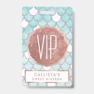 Cute Teal Pink Glitter Watercolor Mermaid Scales ID Badge