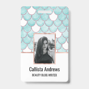 Cute Teal Pink Glitter Watercolor Mermaid Scales ID Badge