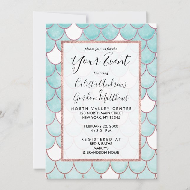Cute Teal Pink Glitter Watercolor Mermaid Scales Invitation (Front)
