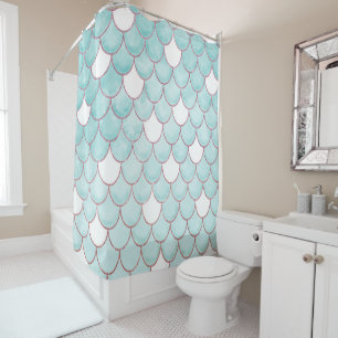 Cute Teal Pink Glitter Watercolor Mermaid Scales Shower Curtain