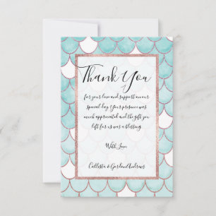 Cute Teal Pink Glitter Watercolor Mermaid Scales Thank You Card