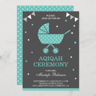 Cute Teal Pram Baby Boy Aqiqah Invitation