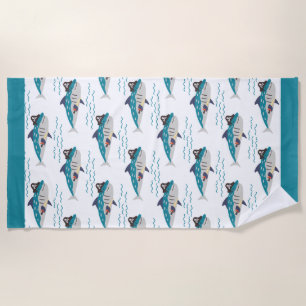 Cute Teal Shark Pirate Waves Seamless Pattern Kids Beach Towel