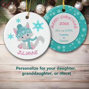 Cute Teal Snowflake Kitten Ceramic Ornament