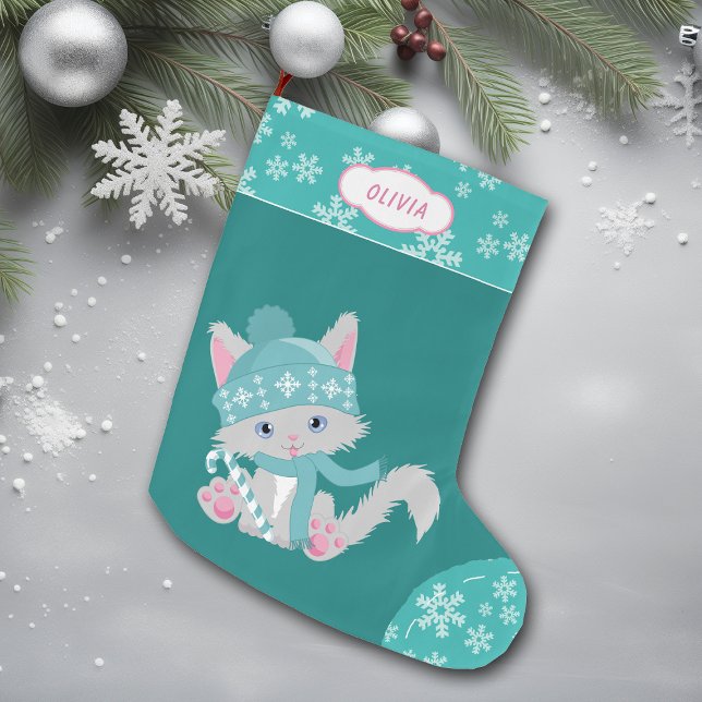 Cute Teal Snowflake Kitten Large Christmas Stocking (Creator Uploaded)