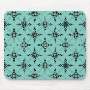 Cute Teal Turquoise and Black Damask Pattern Mouse Pad