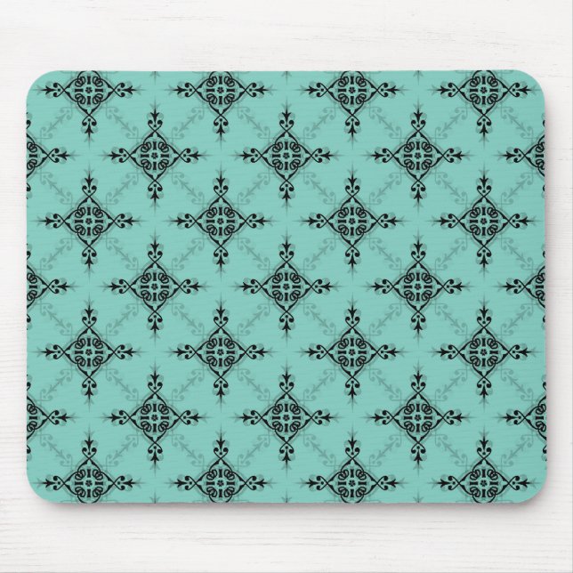 Cute Teal Turquoise and Black Damask Pattern Mouse Pad (Front)