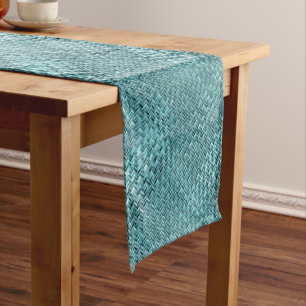 Cute Teal Turquoise Blue Faux Rattan Weave Pattern Medium Table Runner