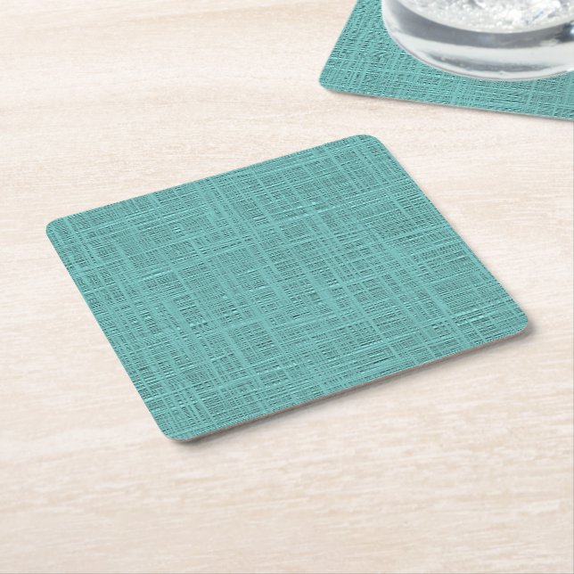 Cute Teal Turquoise Green Faux Jute Fabric Pattern Square Paper Coaster (Angled)