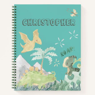 Cute Teal Watercolor Dinosaur Notebook