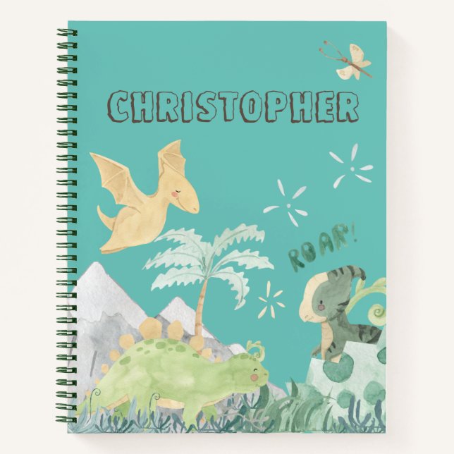 Cute Teal Watercolor Dinosaur Notebook (Front)