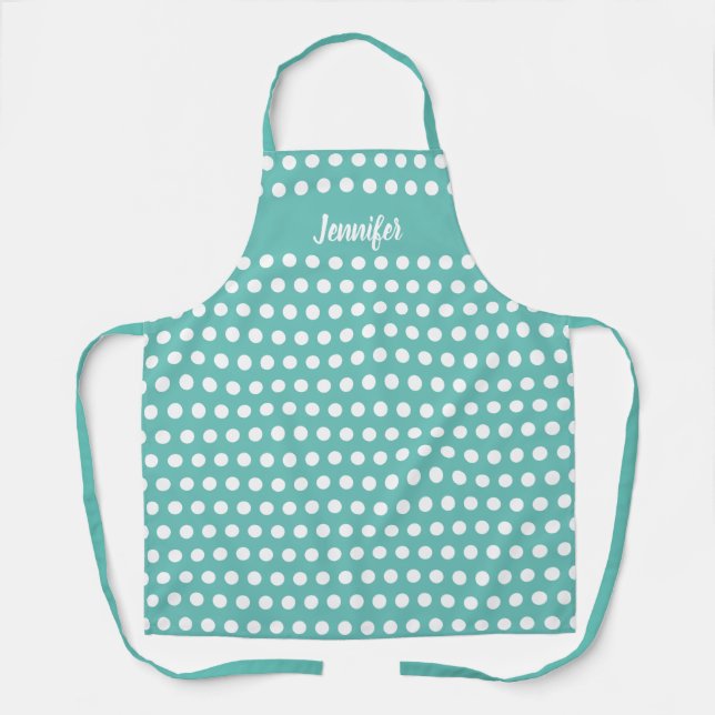 Cute Teal White Polka Dot Pattern Personalised Apron (Front)