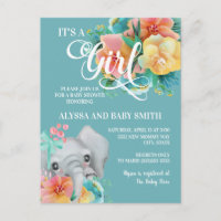 Cute Teal Yellow Pink Elephant Baby Shower