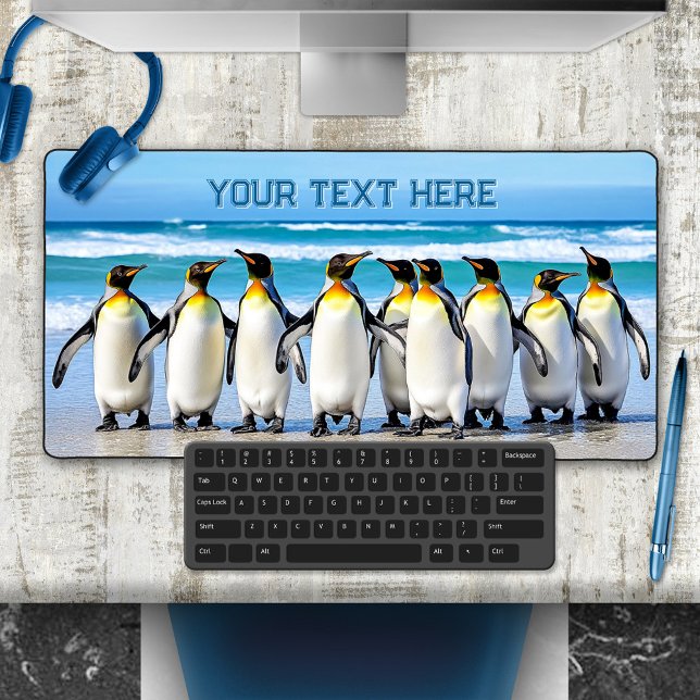 Cute Team Penguin Funny Animal  Desk Mat (A funny desk mat featuring a painting of a team of penguins lining up on the beach - animal lover)
