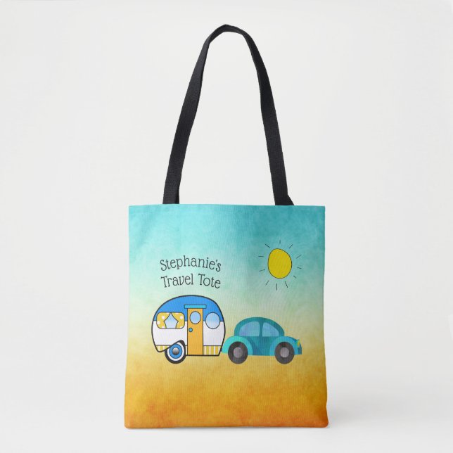 Cute Teardrop Camper Personalised Road Trip Tote Bag (Front)