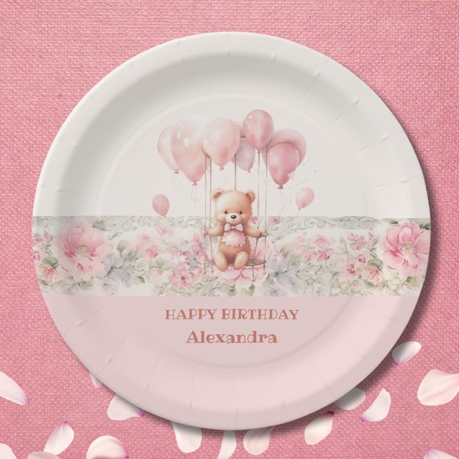 Cute Teddy and Balloons Pink Baby Girl Birthday Paper Plate (Creator Uploaded)