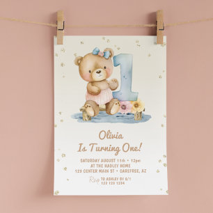 Cute Teddy Bear 1st Birthday Invitation
