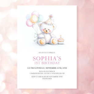 Cute Teddy Bear 1st Birthday Party Invitation