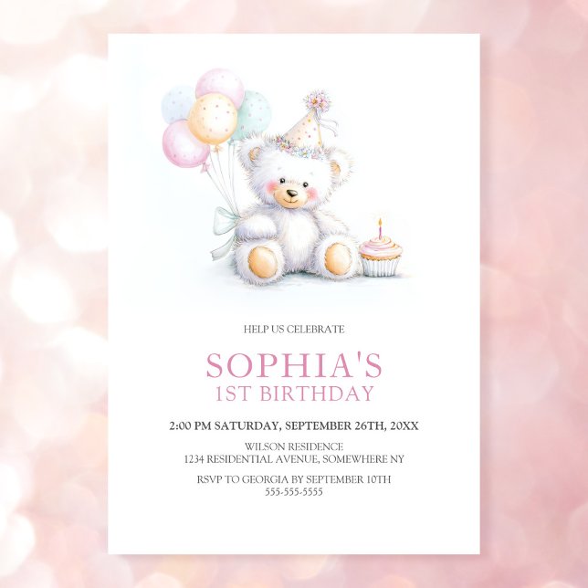 Cute Teddy Bear 1st Birthday Party Invitation (Creator Uploaded)