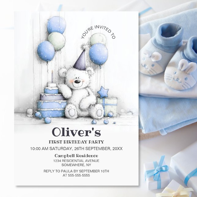 Cute Teddy Bear 1st Birthday Party Invitation (Creator Uploaded)