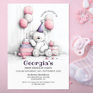 Cute Teddy Bear 1st Birthday Party Invitation