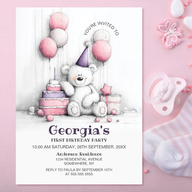 Cute Teddy Bear 1st Birthday Party Invitation (Creator Uploaded)