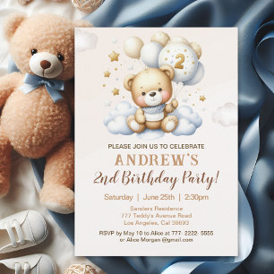 Cute Teddy Bear 2nd Birthday for Boy Invitation