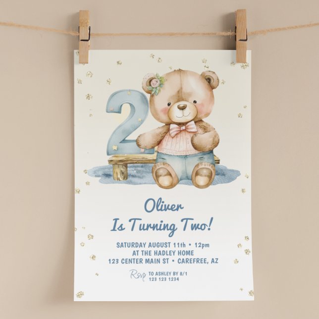 Cute Teddy Bear 2nd Birthday Invitation (Creator Uploaded)