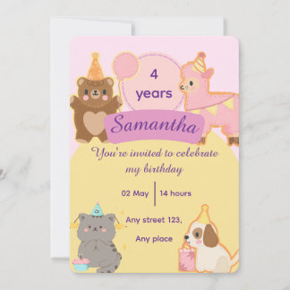 Cute Teddy Bear 4th Birthday Editable Template