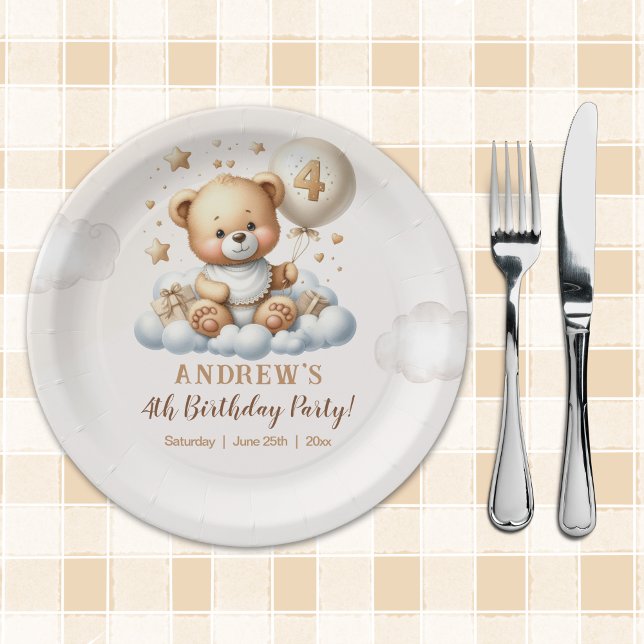 Cute Teddy Bear 4th Birthday  Paper Plate (Creator Uploaded)