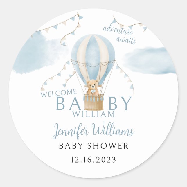 Cute teddy bear adventure baby boy shower stickers (Front)