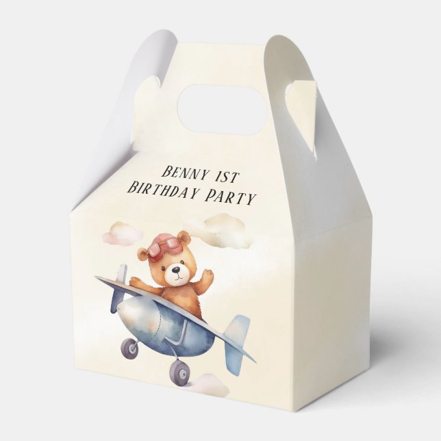 Cute Teddy Bear Aeroplane 1st Birthday Party  Favour Box (Front Side)
