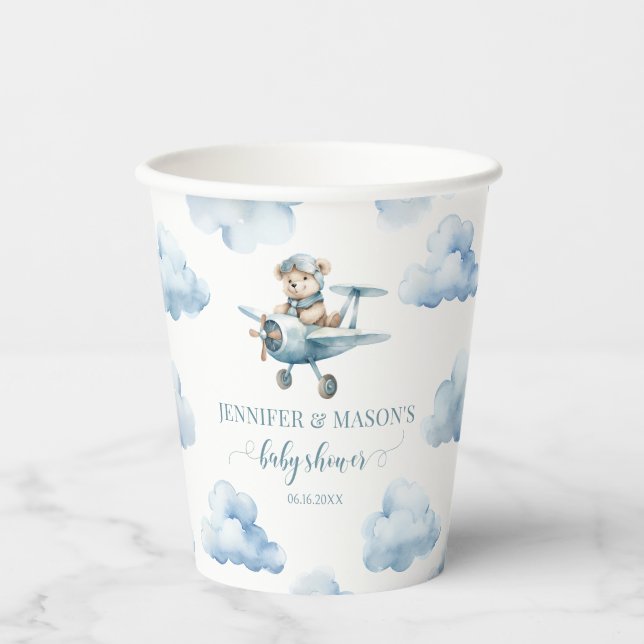 Cute teddy bear aeroplane baby boy shower Paper cu Cups (Front)