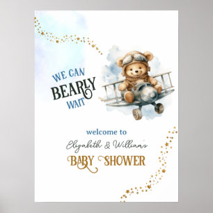  Cute Teddy Bear Airplane Baby Boy Shower Welcome Poster