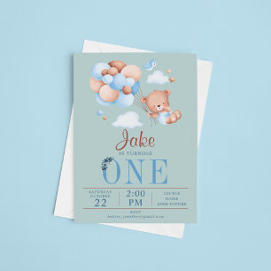 Cute Teddy bear And Balloon Baby Birthday Invitation