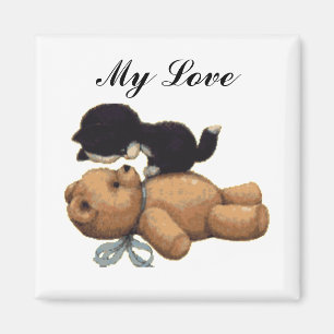 Cute Teddy Bear And Black Cat - My Love Magnet