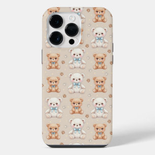 Cute Teddy Bear and Blue Bows Seamless Pattern iPhone 14 Pro Max Case