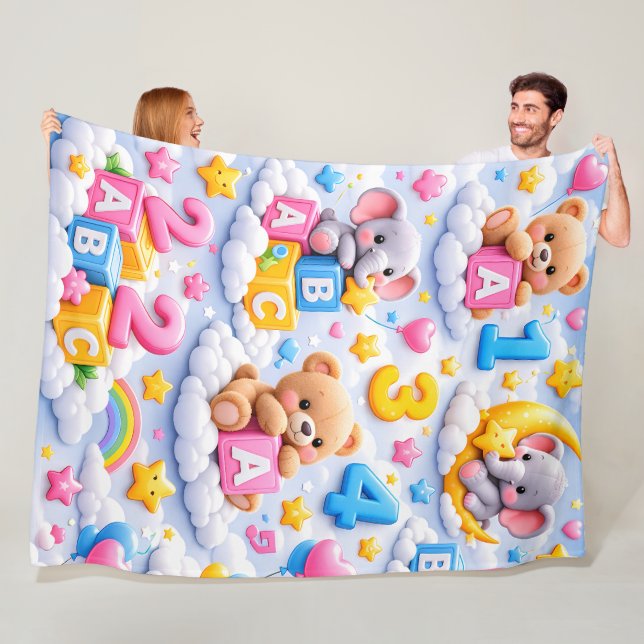Cute teddy bear and elephant ABC numbers fleece bl Blanket (In Situ)