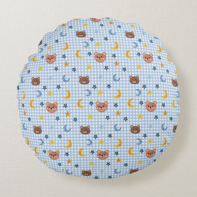 Cute Teddy Bear and Moon Pattern on Blue Gingham  Round Cushion (Front)
