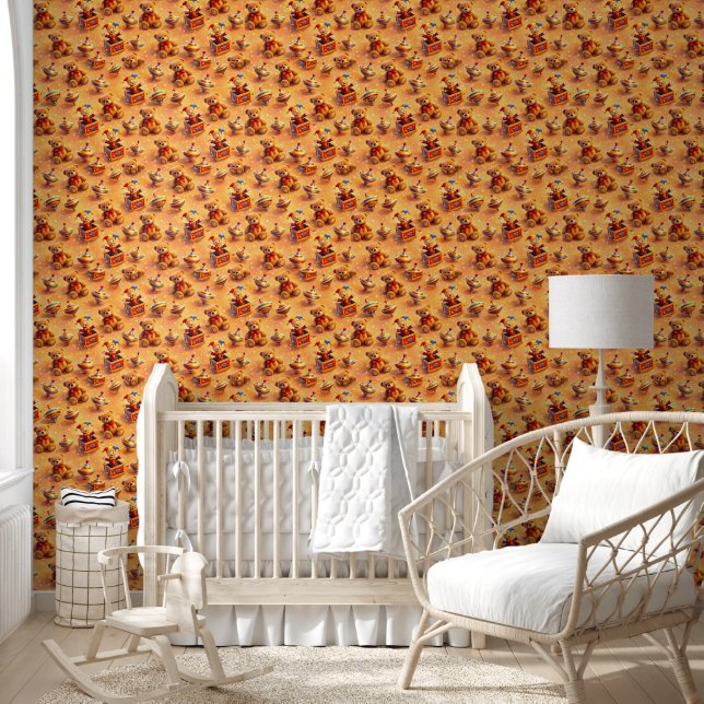 Cute teddy bear and spinning top pattern warm vint wallpaper (Kids)