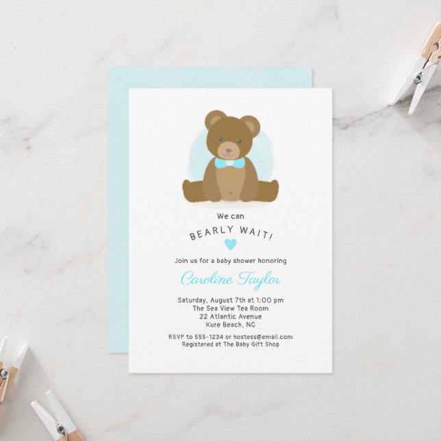 Cute Teddy Bear Aqua Blue Bow Tie Baby Boy Shower  Invitation (Front/Back In Situ)