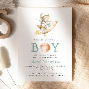 Cute Teddy Bear Astronaut Boy Baby Shower Invitation