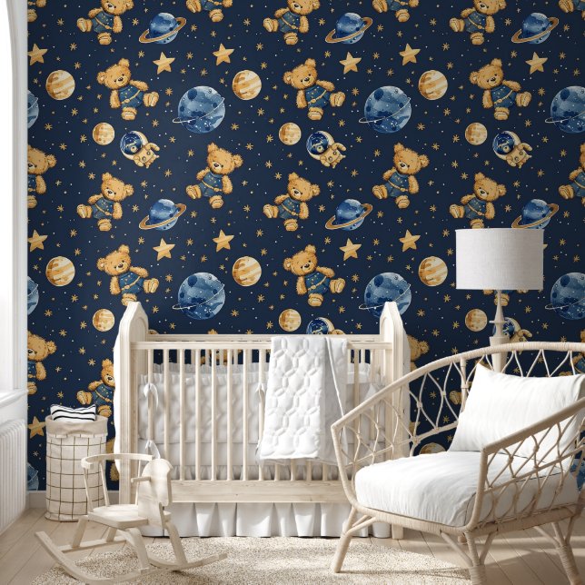 Cute Teddy Bear Astronaut in Galaxy Blue Nursery Wallpaper (Kids)