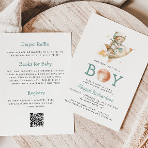 Cute Teddy Bear Astronaut QR Code Boy Baby Shower Invitation