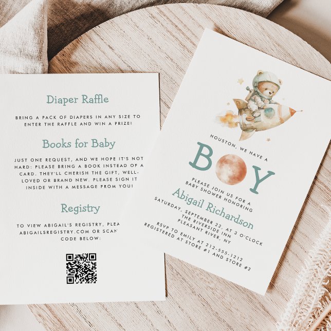 Cute Teddy Bear Astronaut QR Code Boy Baby Shower Invitation (Creator Uploaded)
