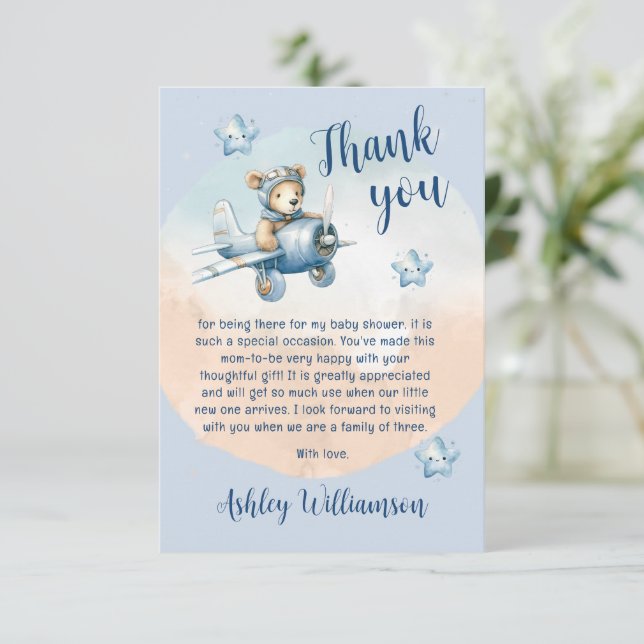 Cute Teddy Bear Aviator Baby Shower Thank You Card (Standing Front)