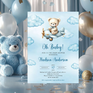 Cute teddy bear aviator boy baby shower invitation