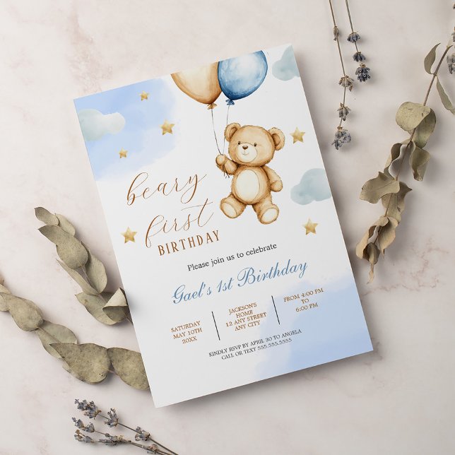 Cute Teddy Bear Baby Beary First Birthday Invitation (Creator Uploaded)