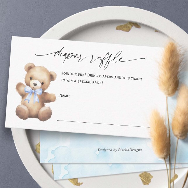 Cute Teddy Bear Baby Boy Diaper Raffle Ticket Enclosure Card (Blue We Can Bearly Wait, Teddy Bear Gender Neutral baby Shower Diaper Raffle Cards)